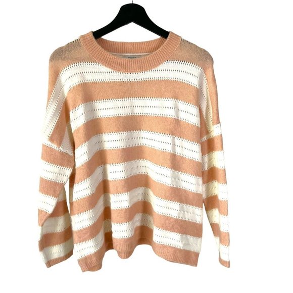 FRNCH Sweaters - FRNCH Pink White Loose Knit Stripe Crew Neck Sweater Small Medium
